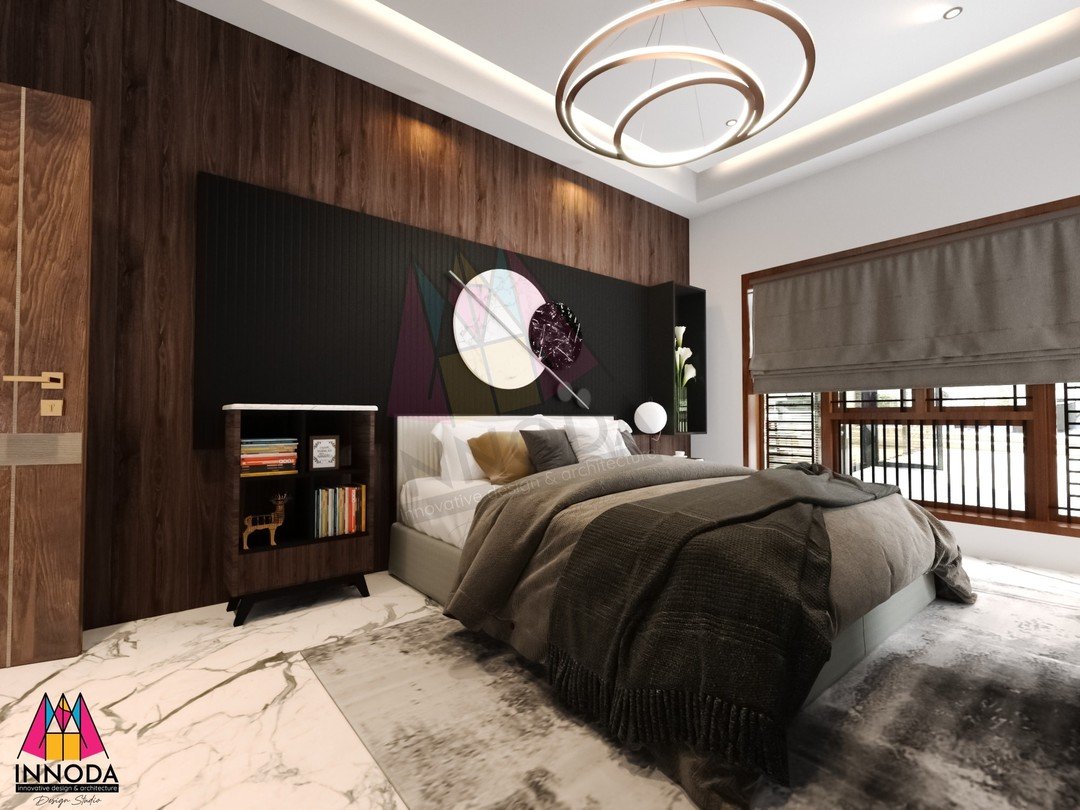 Master suite with dark walnut slatted acoustic headboard
